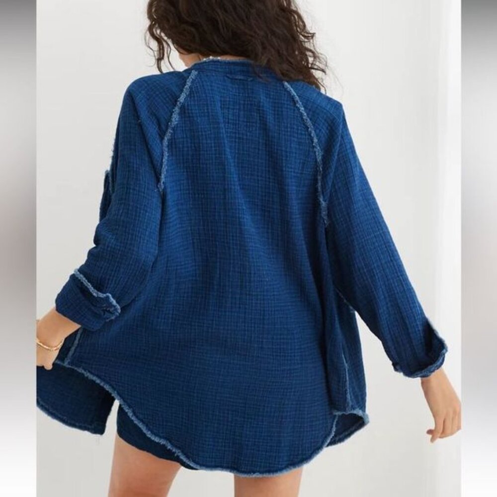 Aerie Sz M Oversized Indigo Blue Gauze Cover Up Button Down Shirt Dress Pocket - Picture 4 of 14